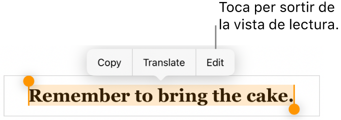 Se selecciona una frase i a sobre hi apareix un menú contextual amb els botons “Copia” i “Edita”.