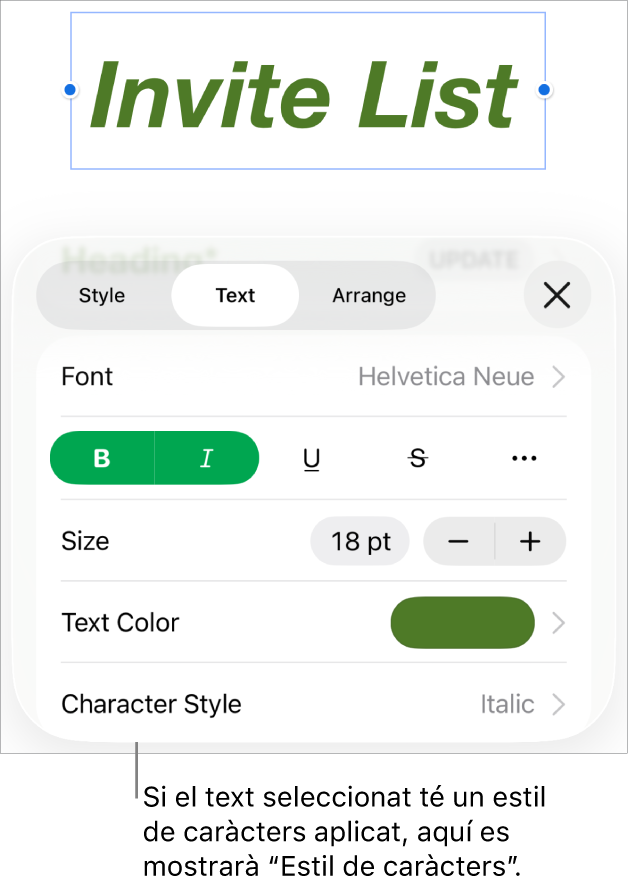 Els controls de format de text amb l’estil de caràcter a sota dels controls de color. L’estil de caràcter Cap amb un asterisc.