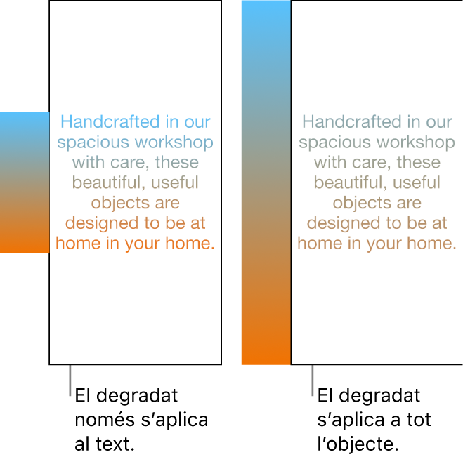 Un exemple en què s’ha aplicat el degradat només al text, de manera que tot l’espectre cromàtic es mostra al text. Al costat hi ha un altre exemple en què s’ha aplicat el degradat a tot l’objecte, de manera que només una part de l’espectre cromàtic es mostra al text.