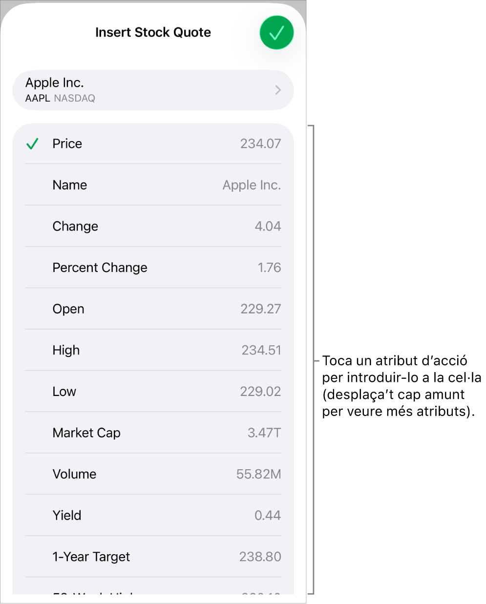 Finestra emergent “Cotització borsària”, amb el nom de l’acció a la part superior i amb atributs d’acció seleccionables, com ara el preu, el nom, el tipus de canvi i la variació percentual enumerats a sota.