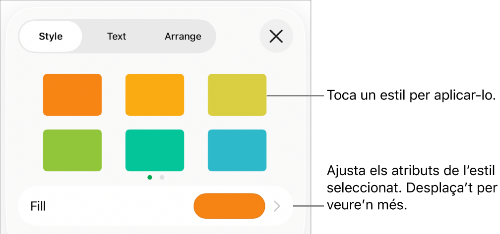 La pestanya Estil del menú Format amb estils de forma a la part superior i una paleta de color a sota.