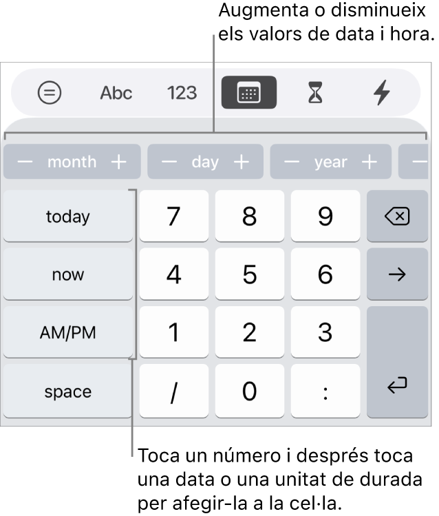 Teclat de data i hora. Una fila de botons a prop de la part superior mostra les unitats de temps (mes, dia i any) que pots incrementar per canviar el valor que es mostra a la cel·la. A l’esquerra hi ha tecles per a avui, ara i “a. m./p. m.”, i al centre del teclat hi ha les tecles numèriques.