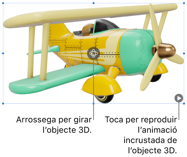 Un objecte 3D amb el botó “Gira” al mig de l’objecte i el botó “Reprodueix” a l’angle inferior dret.