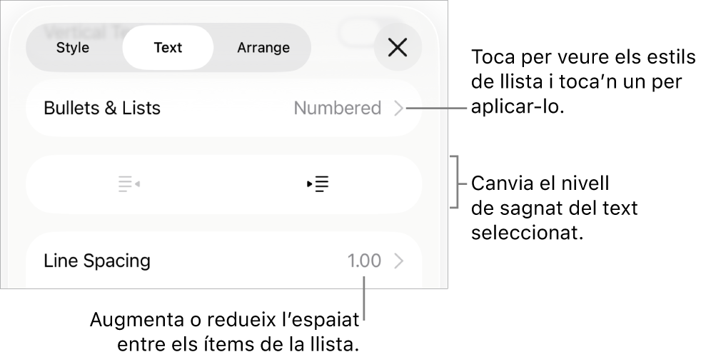 La secció “Vinyetes i llistes” dels controls de Format amb llegendes de “Vinyetes i llistes”, botons de sagnat i de sagnat esquerre, i controls d’interlineat.
