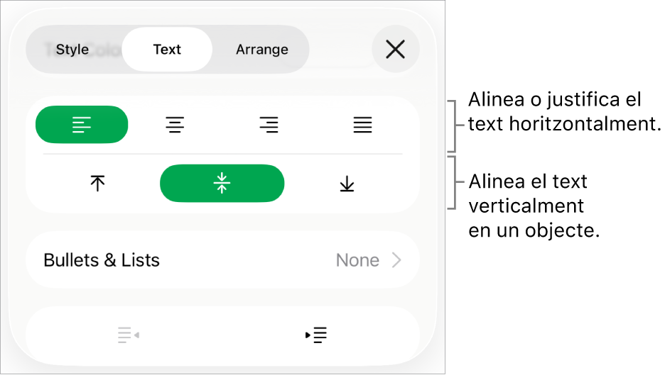 Secció Disposició de l’inspector de format amb referències als botons d’alineació i espaiat de text.