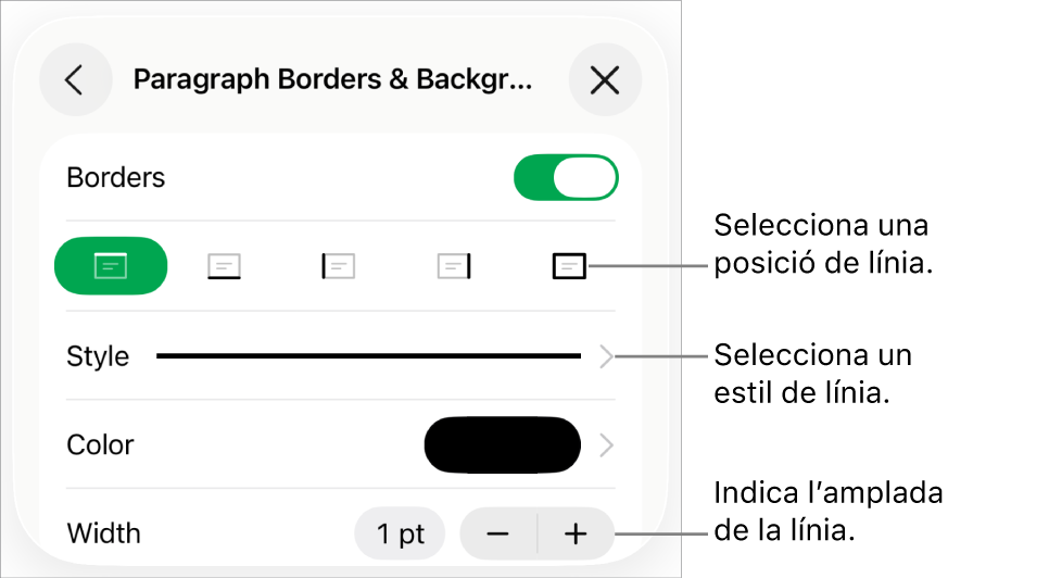 Controls per canviar l’estil, el gruix, la posició i el color de la línia.