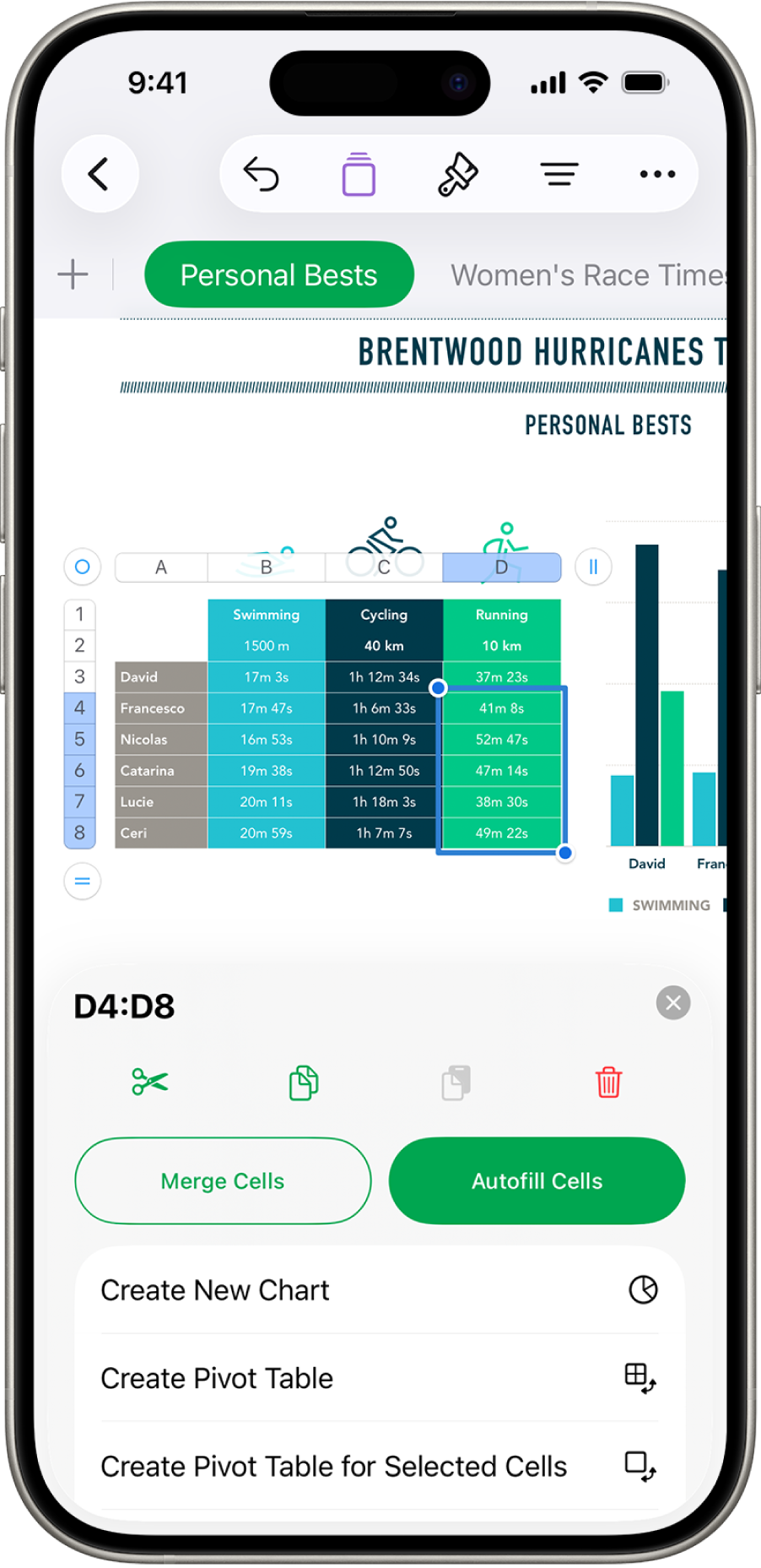 Full de càlcul que mostra una taula de rutes fetes i la distància de cadascuna. El menú “Accions de cel·la” està obert i mostra les opcions per afegir la data d’avui, l’hora actual i editar la fórmula a la cel·la seleccionada.