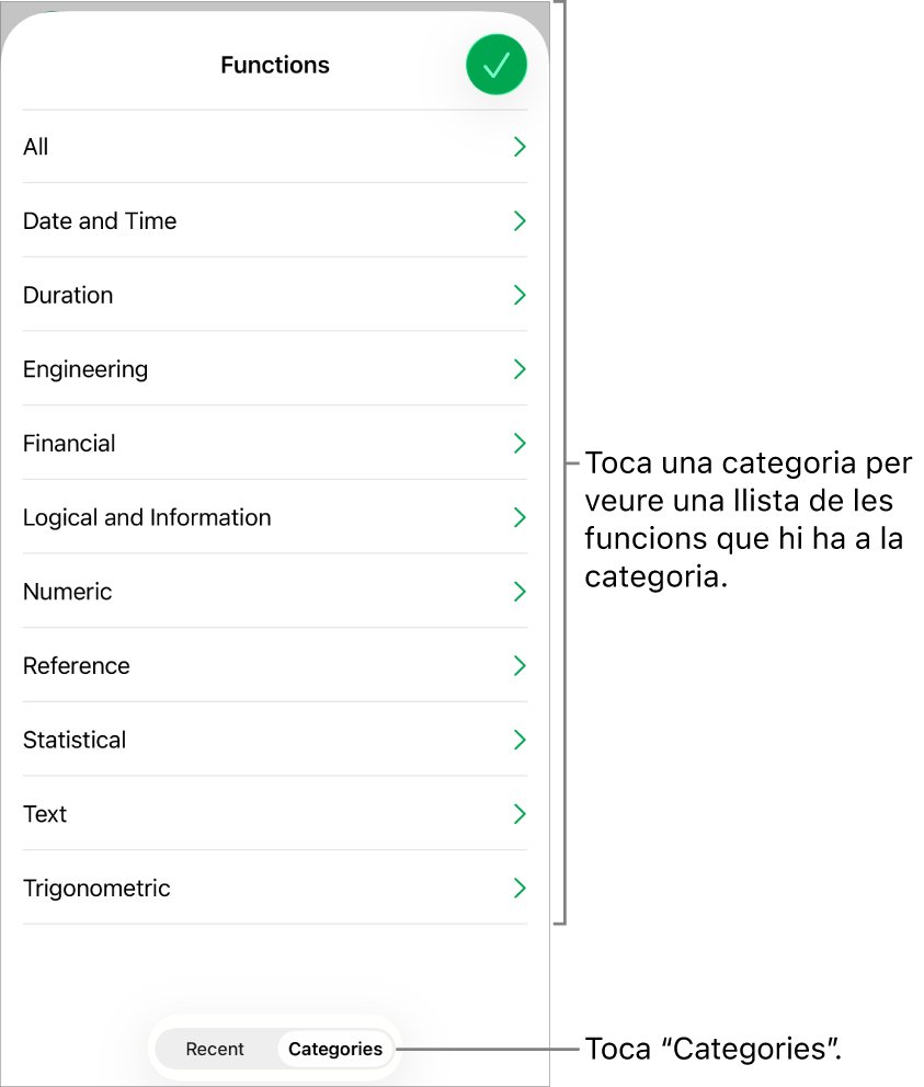 L’explorador de funcions amb el botó Categories seleccionat i la llista de categories a sota.