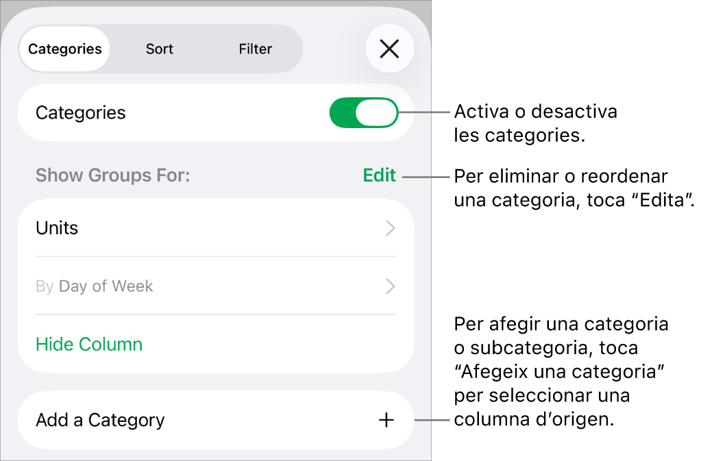 Menú Categories de l’iPhone amb opcions per desactivar categories, eliminar categories, agrupar dades, ocultar la columna d’origen i afegir categories.