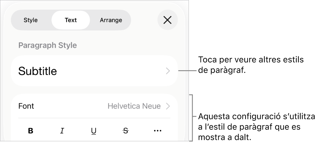 El menú Format amb els controls de text per definir els estils de paràgraf i de caràcter, el tipus de lletra, la mida i el color.