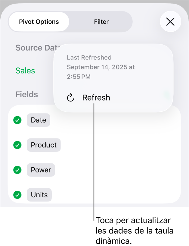 Menú “Opcions de taula dinàmica” que mostra l’opció per actualitzar la taula dinàmica.