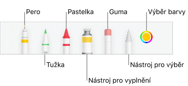 Panel nástrojů v Numbers na iPhonu pro kreslení perem, tužkou, pastelem, nástrojem výplň, nástrojem pro výběr, gumou a výběrem barev se zobrazenou aktuální barvou