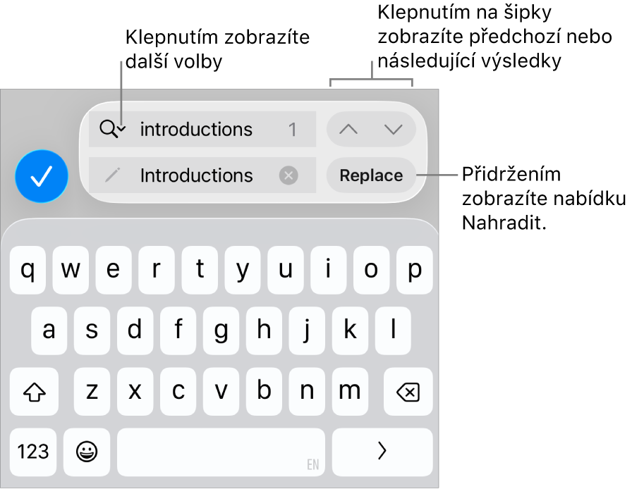 Ovládací prvky hledání a nahrazování nad klávesnicí s popisky u tlačítek Volby hledání, Nahradit, Nahoru a Dolů.
