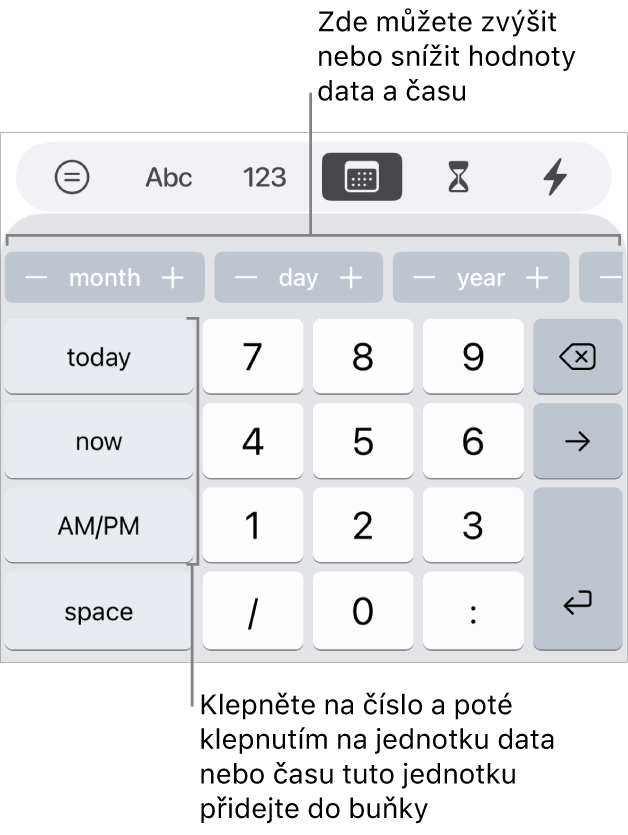 Klávesnice pro datum a čas Na řádku tlačítek u horního okraje se zobrazují časové jednotky (měsíc, den a rok), které můžete zvyšovat a měnit tak hodnotu uvedenou v buňce Vlevo jsou klávesy pro údaje dnes, nyní a dop./odp.; uprostřed klávesnice jsou klávesy s čísly