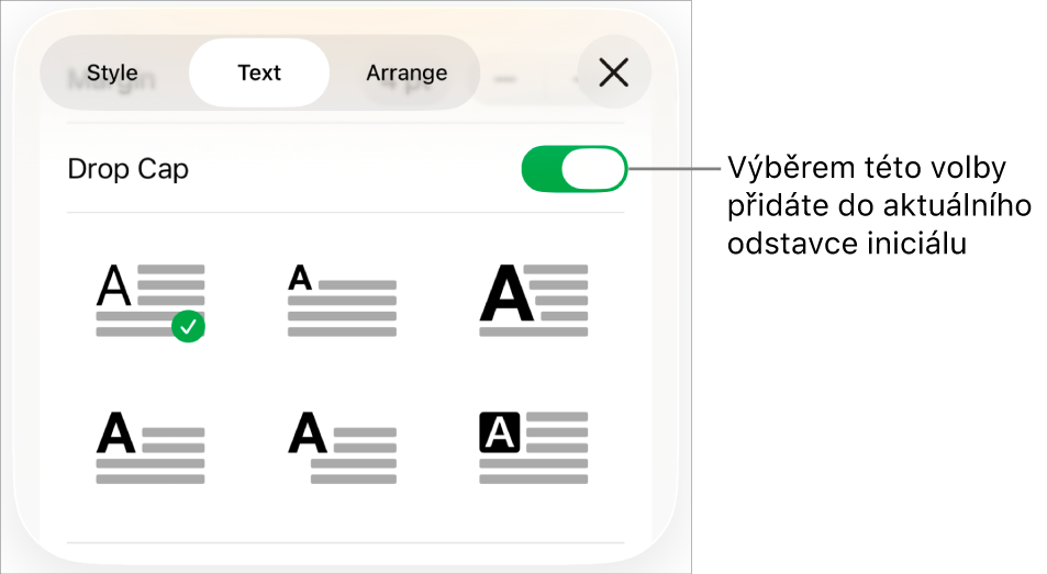 Ovládací prvky pro volbu Iniciála v nabídce Text