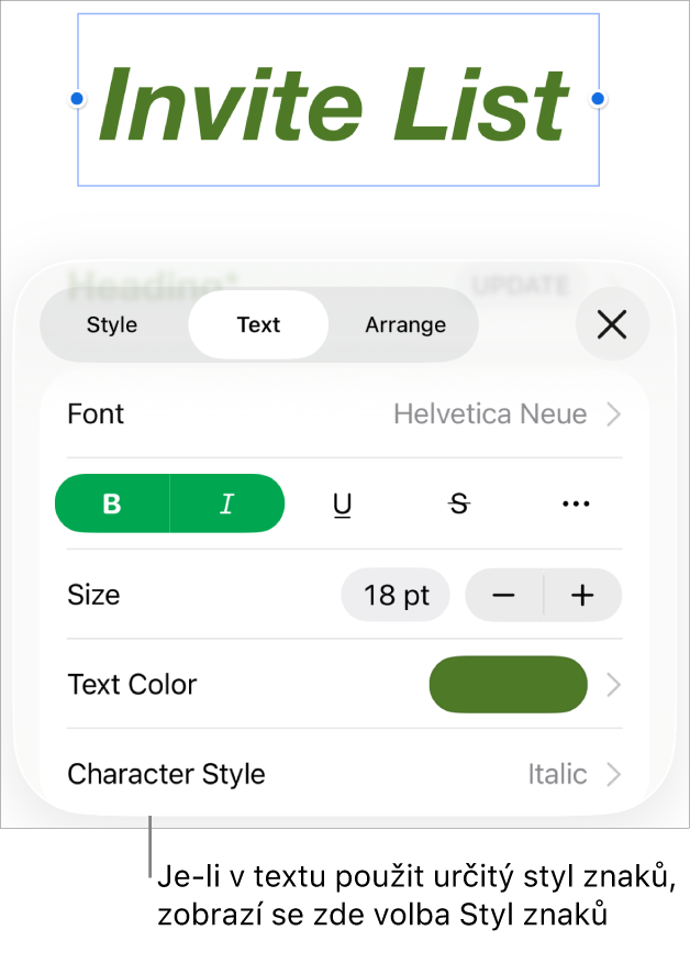 Ovládací prvky formátování textu s nabídkou Styl znaků pod ovládacími prvky v oddílu Barva. Zobrazuje se styl Žádný s hvězdičkou.