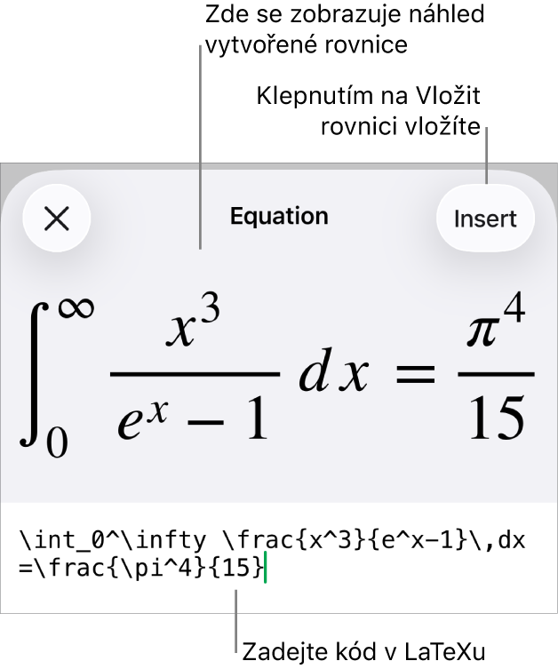 Dialogové okno Rovnice, v němž se zobrazuje zápis rovnice pomocí příkazů LaTeXu a nad ním náhled výsledného vzorce