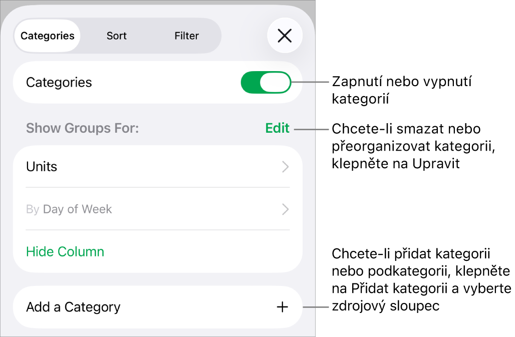 Nabídka kategorií na iPhonu s volbami pro vypnutí kategorií, smazání kategorií, přeskupení dat, skrytí zdrojového sloupce a přidání kategorií.