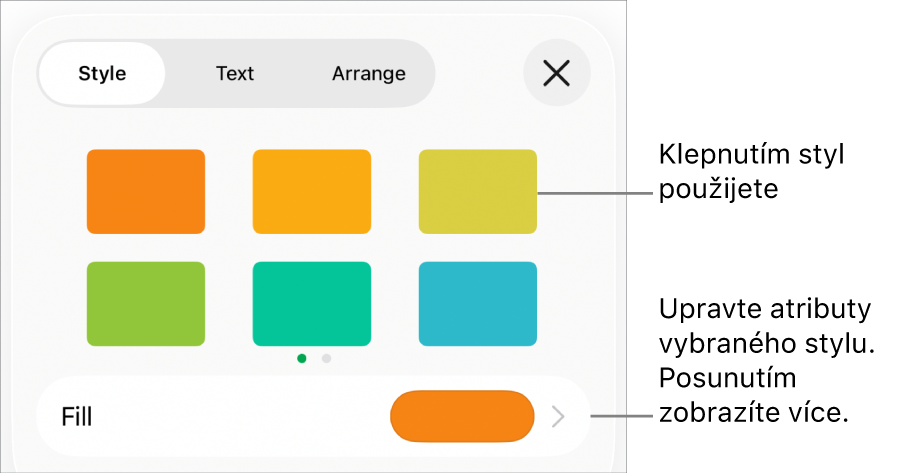 Panel Styl v nabídce Formát se styly tvarů u horního okraje a výběrem barev výplně níže.