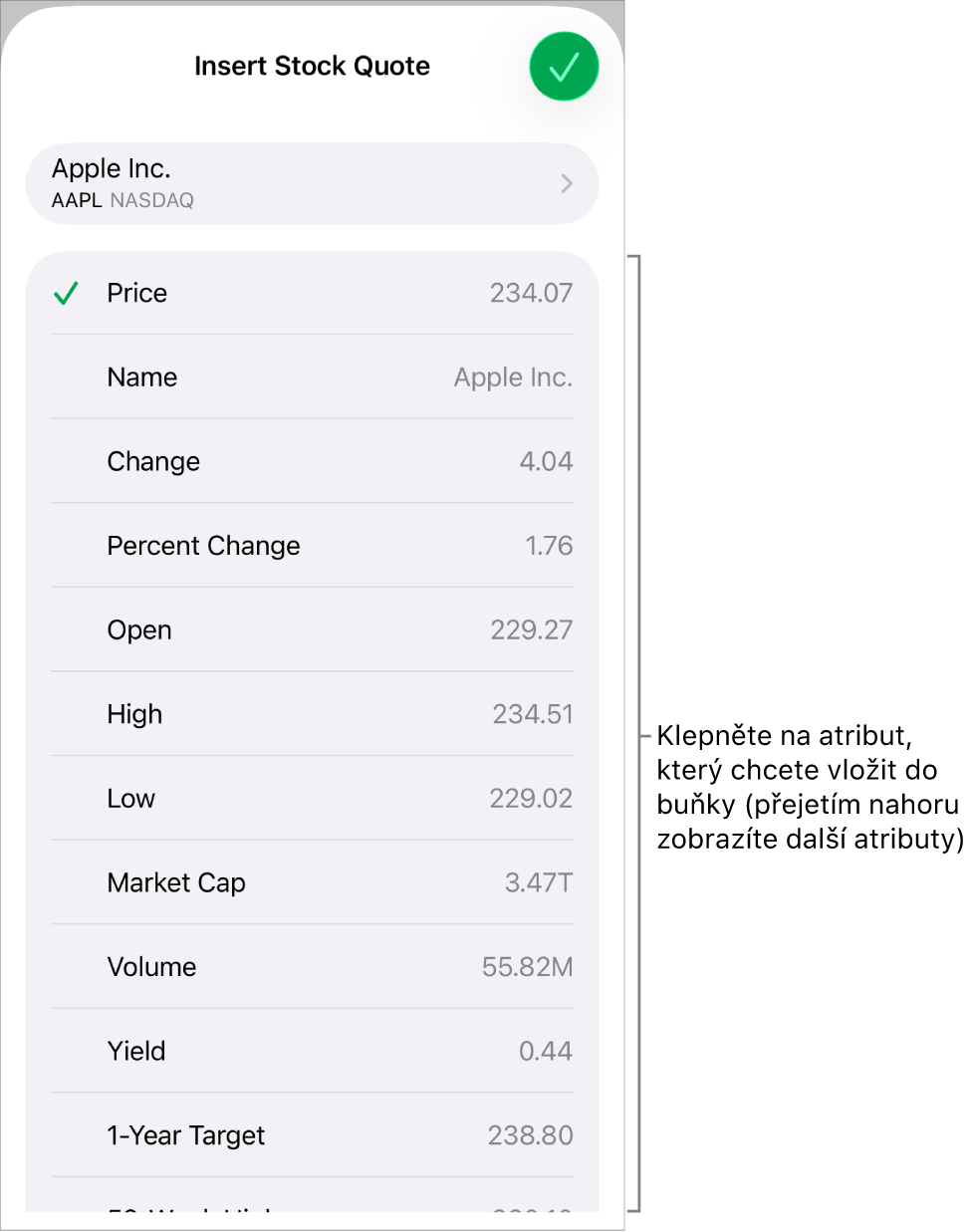 Překryvné okno kurzu akcií; v němž je nahoře vidět název akciového titulu a pod ním atributy akcií, které můžete vybrat – cena, název, změna, procentní změna a stav otevření