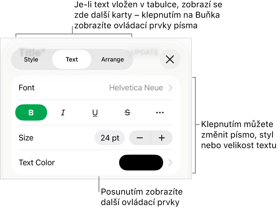 Ovládací prvky pro text v nabídce Formát pro nastavení stylů, písma, velikosti a barvy odstavce a znaků