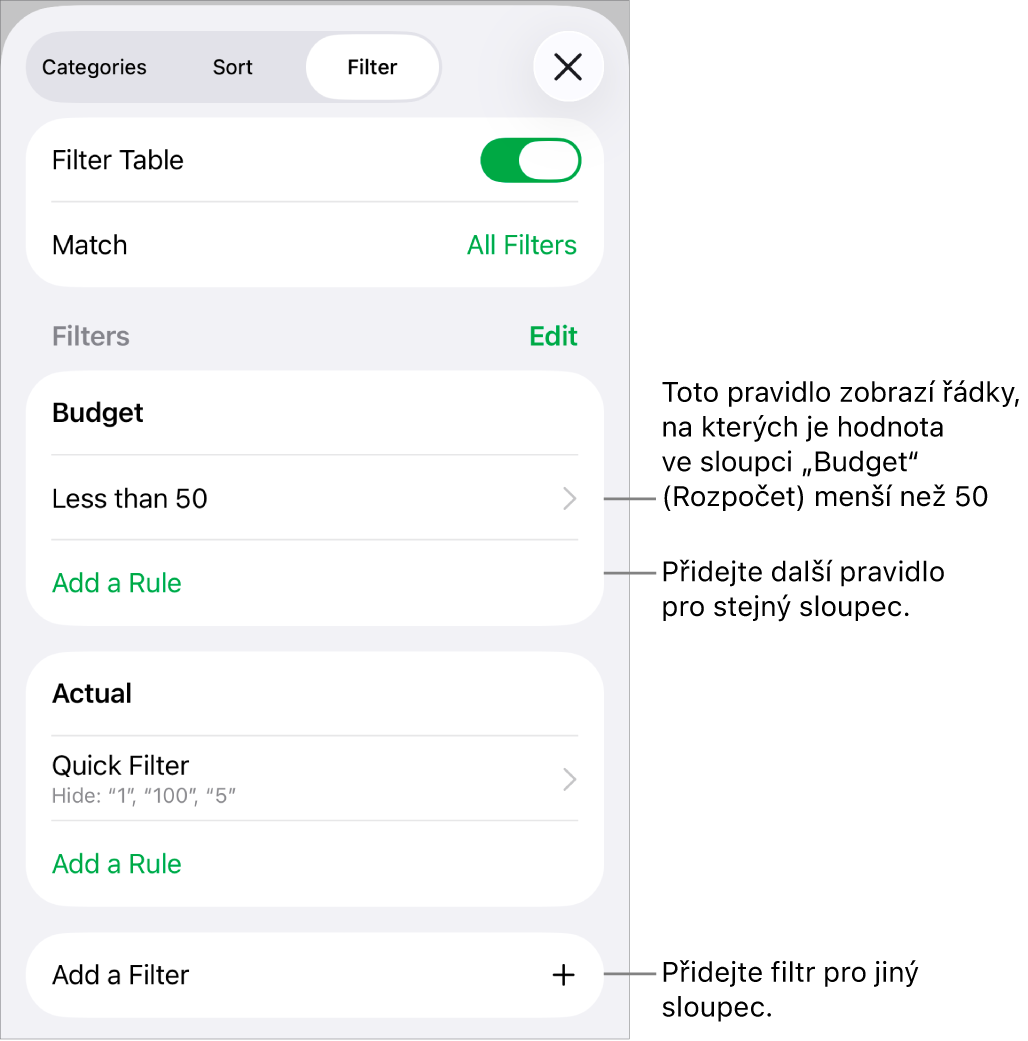 Ovládací prvky pro přidání nových filtrovacích pravidel a úpravy existujících.