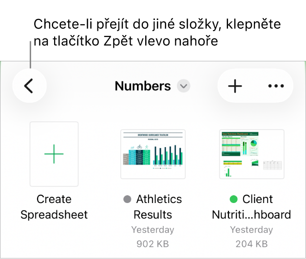 Správce dokumentů v zobrazení procházení s tlačítkem Zpět v levém horním rohu a polem hledání pod ním. Pod polem Hledat je vedle náhledů existujících tabulek tlačítko Vytvořit tabulku. V pravém horním rohu se nachází tlačítko Přidat a tlačítko Další.
