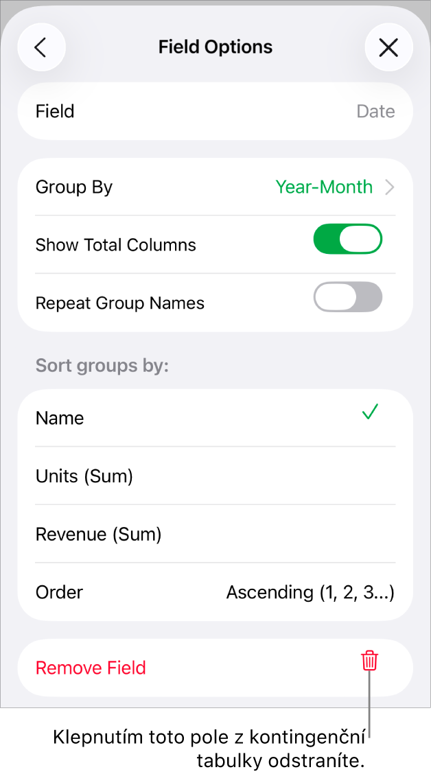 Nabídka „Volby pole“ zobrazující ovládací prvky pro seskupení a řazení dat a také volbu pro odstranění polí.