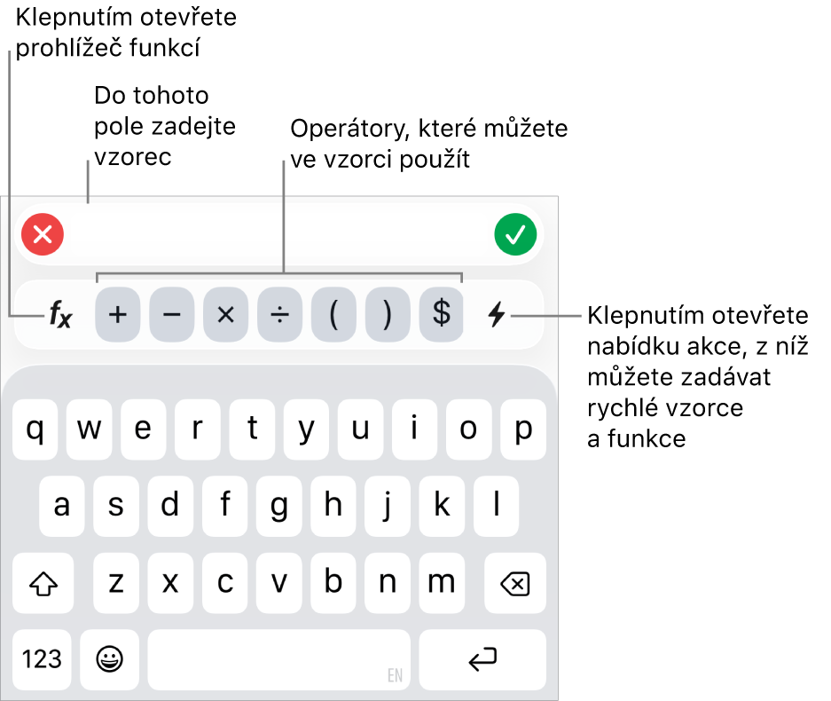 Klávesnice pro vzorce, obsahující nahoře editor vzorců a pod ním operátory používané ve vzorcích. Nalevo od operátorů je umístěno tlačítko Funkce pro otevření prohlížeče funkcí a napravo je vidět tlačítko Akce