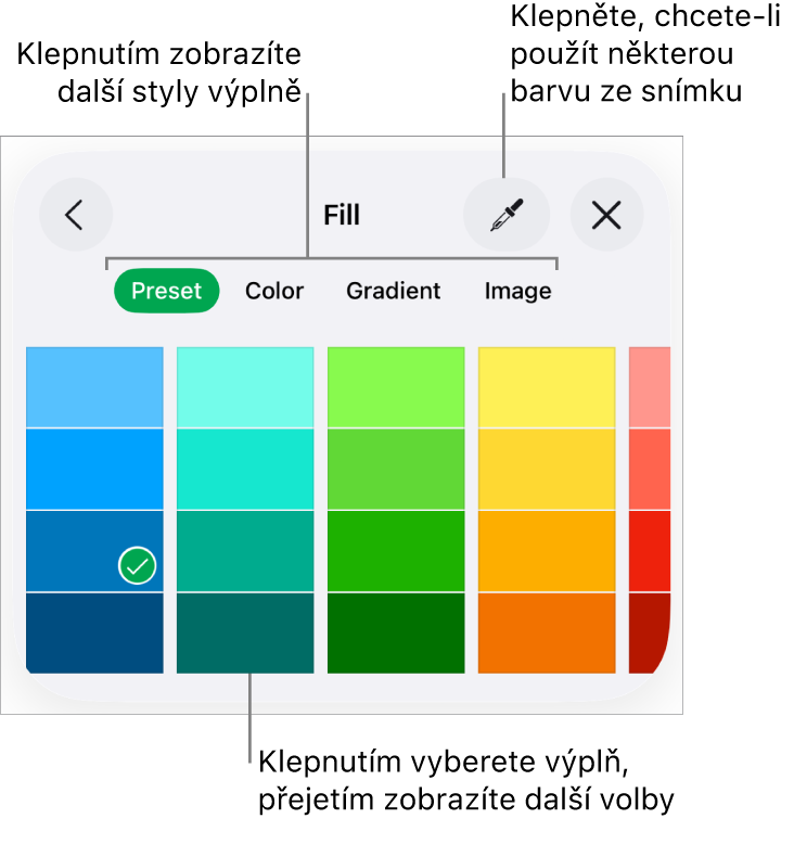 Volby výplně na panelu Styl v nabídce Formát