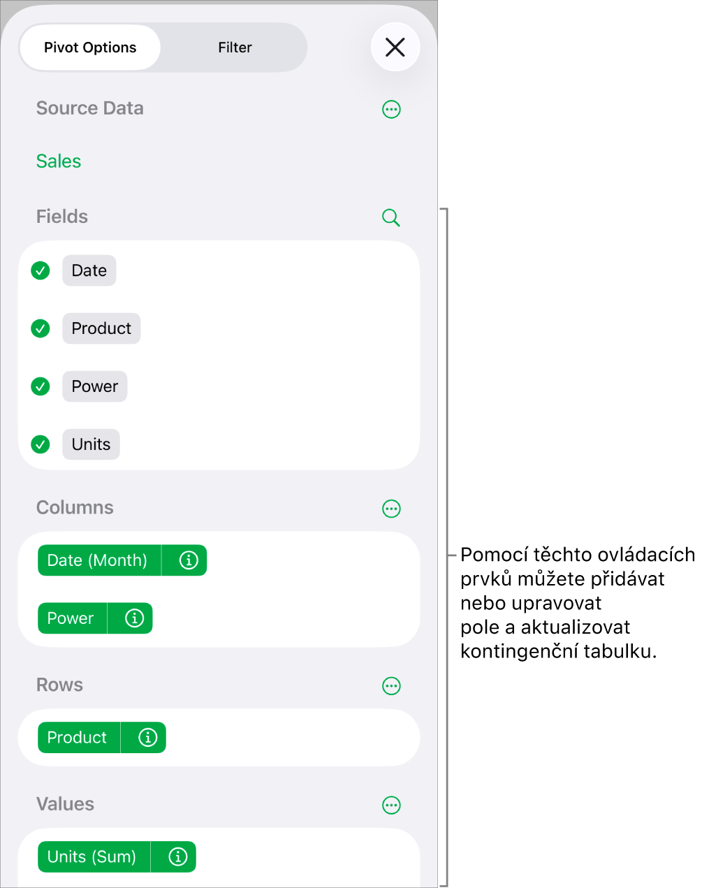 Nabídka „Volby kontingenčních dat“ zobrazující pole v oddílech „Sloupce“, „Řádky“ a „Hodnoty“ a také ovládací prvky pro úpravu polí