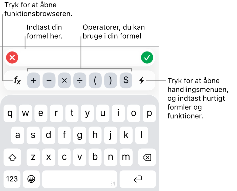 Formeltastaturet med formelværktøjet øverst og derunder de operatorer, der bruges i formler. Knappen Funktioner til åbning af funktionsbrowseren ses til venstre for operatorerne, og handlingsknappen ses til højre.