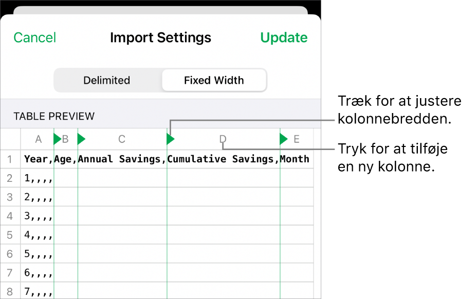 Importindstillingerne til et tekstarkiv med fast bredde.