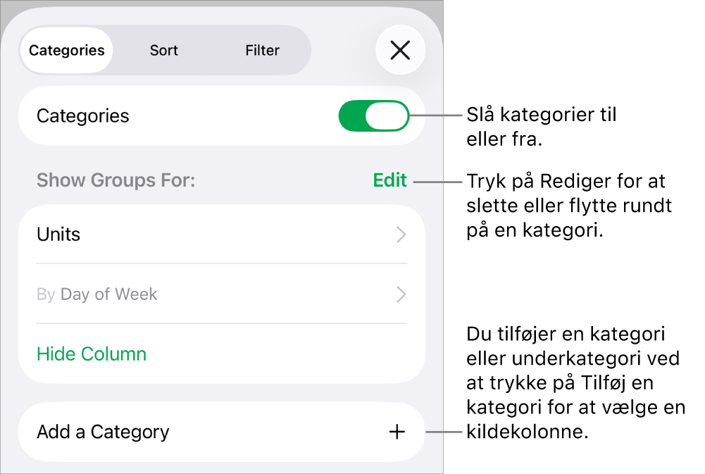 Menuen Kategorier til iPhone med muligheder for at slå kategorier fra, slette kategorier, omgruppere data, skjule en kildekolonne og tilføje kategorier.