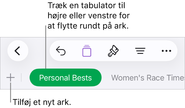 Fanelinjen til tilføjelse af et nyt ark, navigation, ændring af rækkefølge og organisering af ark.