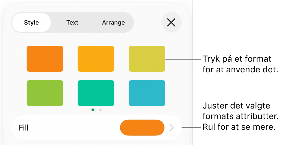 Fanen Format til menuen Format med figurformater øverst og derunder farvefeltet Fyld.