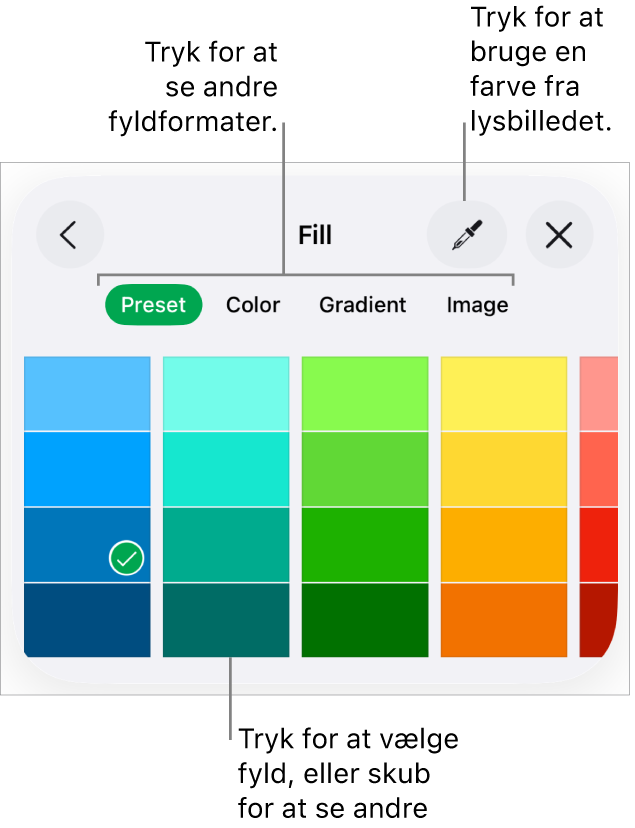 Fyldmuligheder på fanen Format til knappen Format.