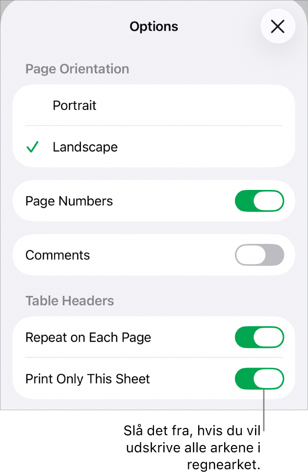 Udskriftsindstillinger til valg af sideretning, visning af sidetal og overskrifter, valg af papirstørrelse og af, hvilke sider der skal udskrives.