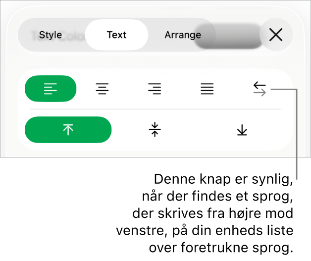 En del af formatmulighederne på menuen Format med billedforklaring til knappen Højre mod venstre.