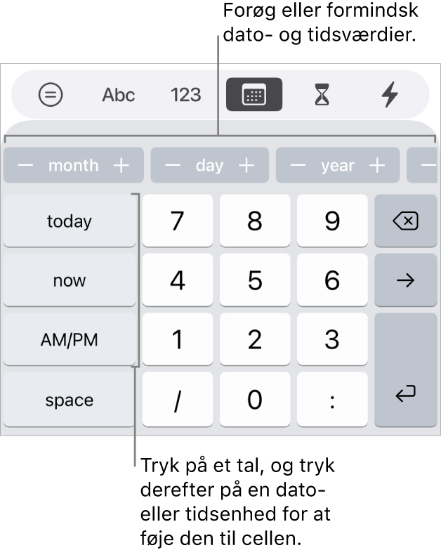 Dato- og tidstastaturet. En række knapper øverst viser tidsenheder (måned, dag og år), som du bruge til øge eller mindske den værdi, der vises i cellen. Der er taster til venstre for i dag, nu og AM/PM. Midt på tastaturet ses taltaster.