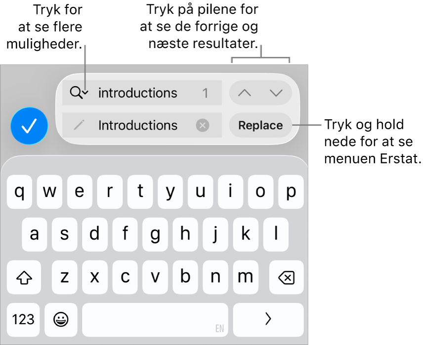 Betjeningsmulighederne til Find & erstat over tastaturet med billedforklaringer til knapperne Søgeindstillinger, Erstat, Gå op og Gå ned.
