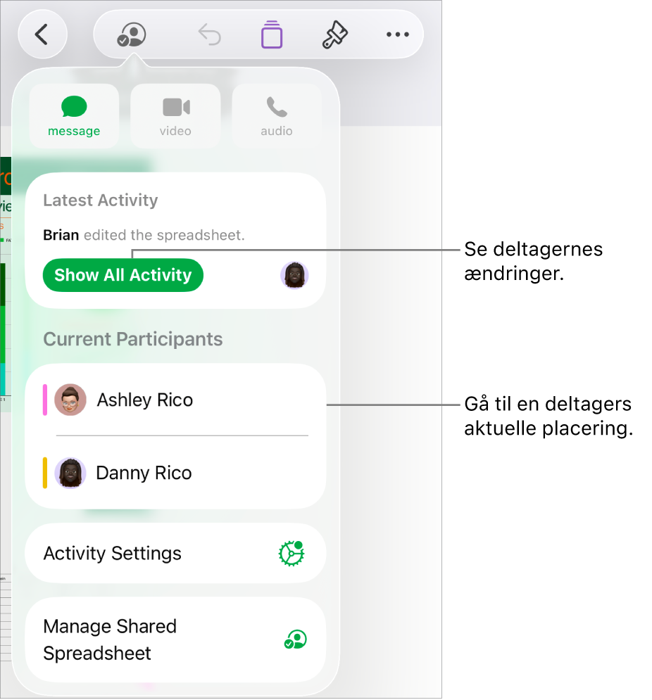 Samarbejdsmenuen, hvor aktuelle deltagere er angivet.