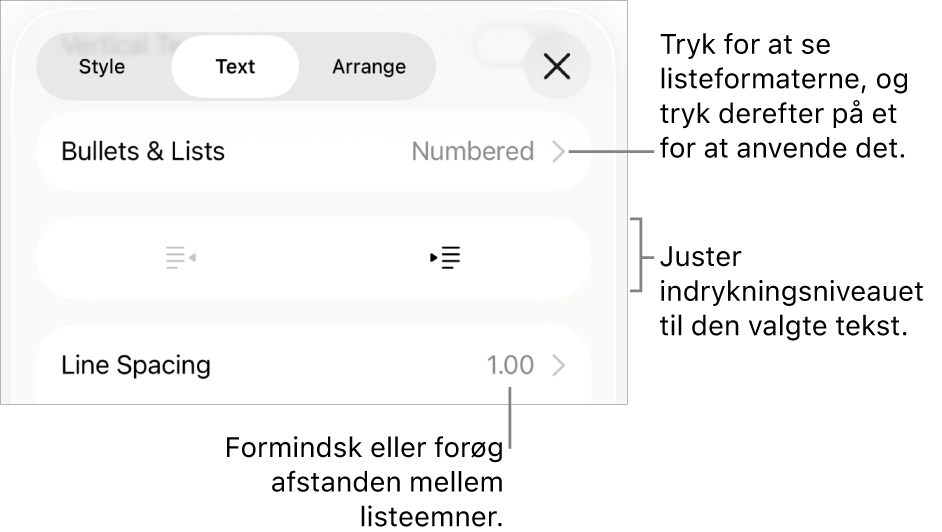 Området Punkter & lister under betjeningsmulighederne til format med billedforklaringer til Punkter & lister, knapperne Ryk ind og Ryk ud og betjeningsmulighederne til linjeafstand.