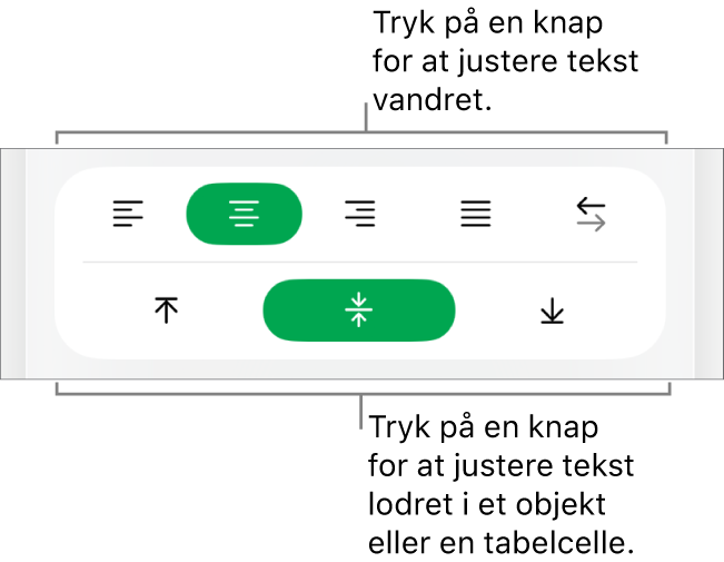Vandrette og lodrette justeringsknapper til tekst.