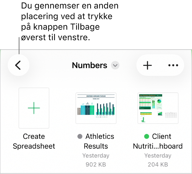 Dokumentadministrationen med Gennemse valgt, et link til placeringer i øverste venstre hjørne og derunder et søgefelt. I øverste højre hjørne findes knappen Tilføj et regneark og knappen Mere. Nederst på skærmen vises knappen Seneste og knappen Gennemse.