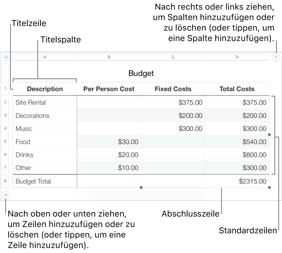 Eine Tabelle mit Titel-, Standard- und Abschlusszeilen und Spalten sowie mit Aktivpunkten zum Hinzufügen oder Löschen von Zeilen oder Spalten.