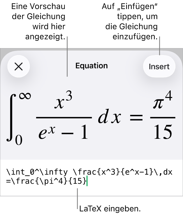 Im Dialogfenster „Gleichung“ wird eine Gleichung angezeigt, die mit LaTex-Befehlen geschrieben wurde, darüber wird eine Vorschau der Formel angezeigt.