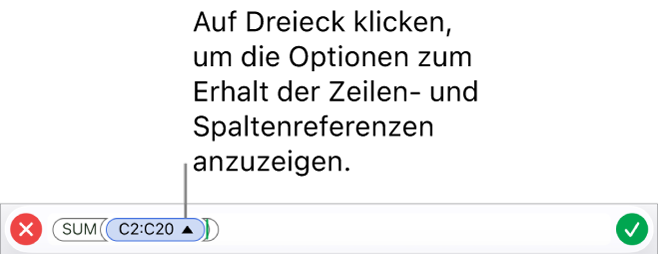 Formeleditor, der zeigt, wie die Zeilen- und Spaltenreferenzen beim Kopieren oder Bewegen der Zelle erhalten bleiben.