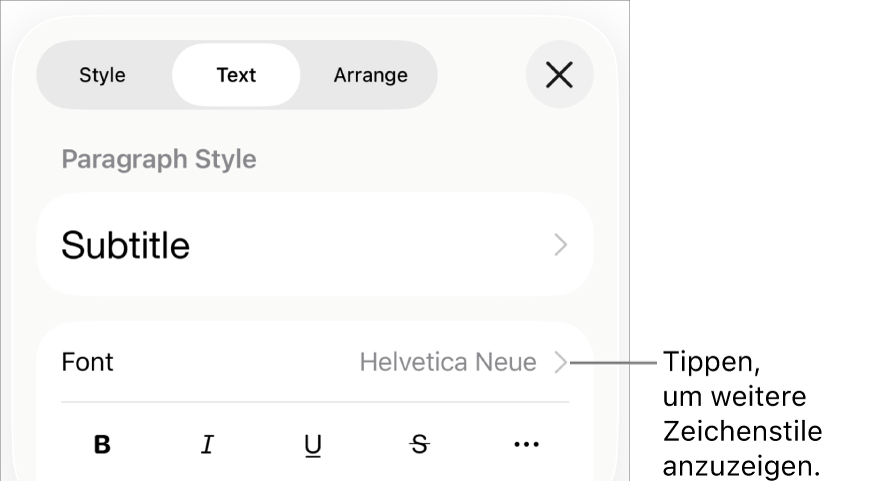 Die Steuerelemente für das Format mit Absatzstilen oben, dann die Steuerelemente für die Schrift. Unter „Schrift“ befinden sich die Tasten „Fett“, „Kursiv“, „Unterstrichen“, „Durchgestrichen“ und „Weitere Textoptionen“.