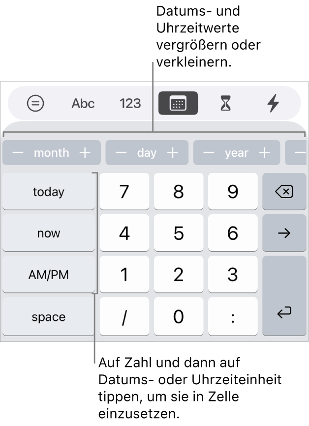 Tastatur für Datum und Uhrzeit. Eine Reihe von Tasten oben mit Zeiteinheiten (Monat, Tag und Jahr), die du schrittweise einstellen kannst, um den in der Zelle gezeigten Wert zu ändern. Links befinden sich Tasten für „Heute“, „Jetzt“ und „Tageshälfte“ und Zifferntasten in der Mitte der Tastatur.